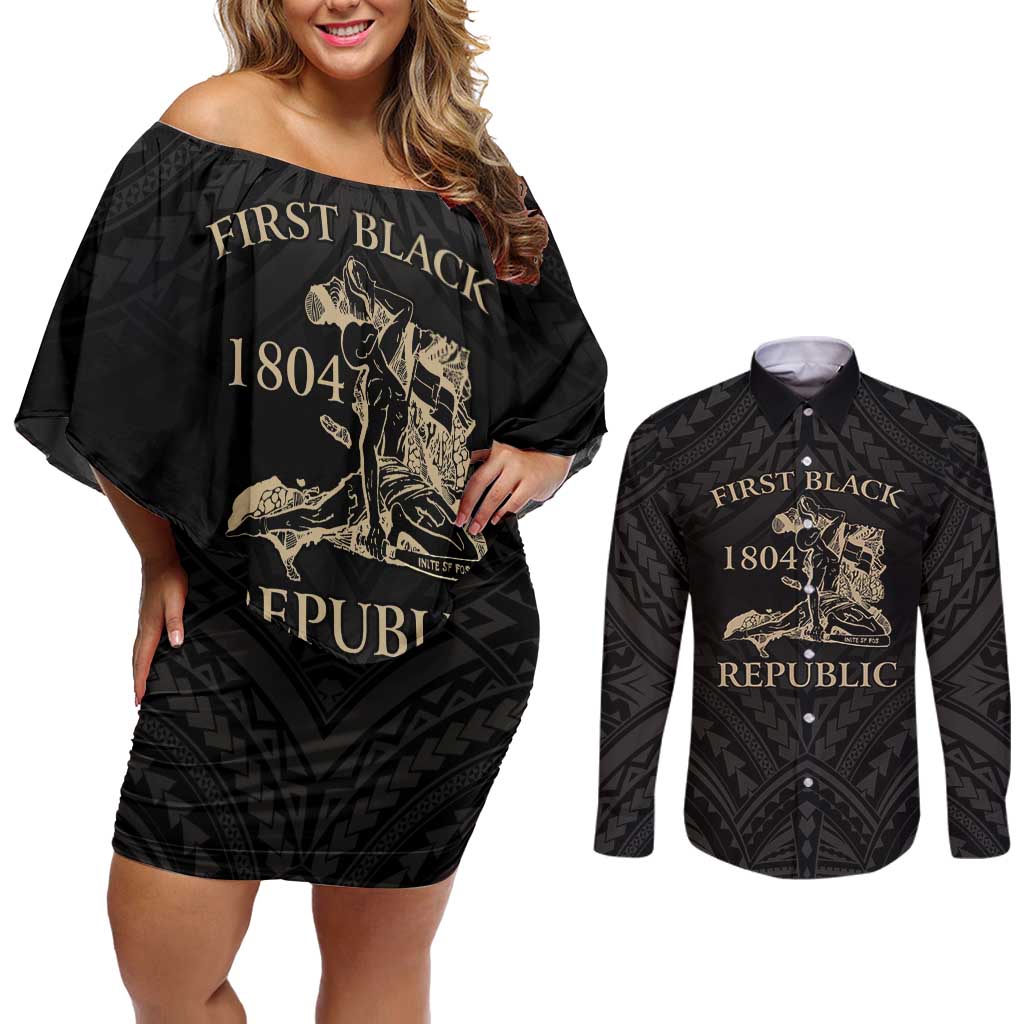 Personalized Haiti First Black Republic Couples Matching Off Shoulder Short Dress and Long Sleeve Button Shirt Negre Marron With Map And Flag