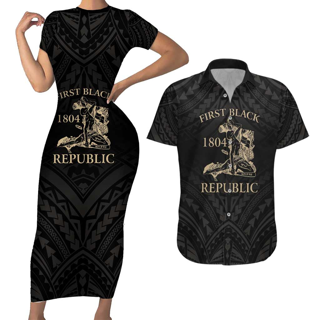 Personalized Haiti First Black Republic Couples Matching Short Sleeve Bodycon Dress and Hawaiian Shirt Negre Marron With Map And Flag