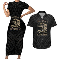 Personalized Haiti First Black Republic Couples Matching Short Sleeve Bodycon Dress and Hawaiian Shirt Negre Marron With Map And Flag