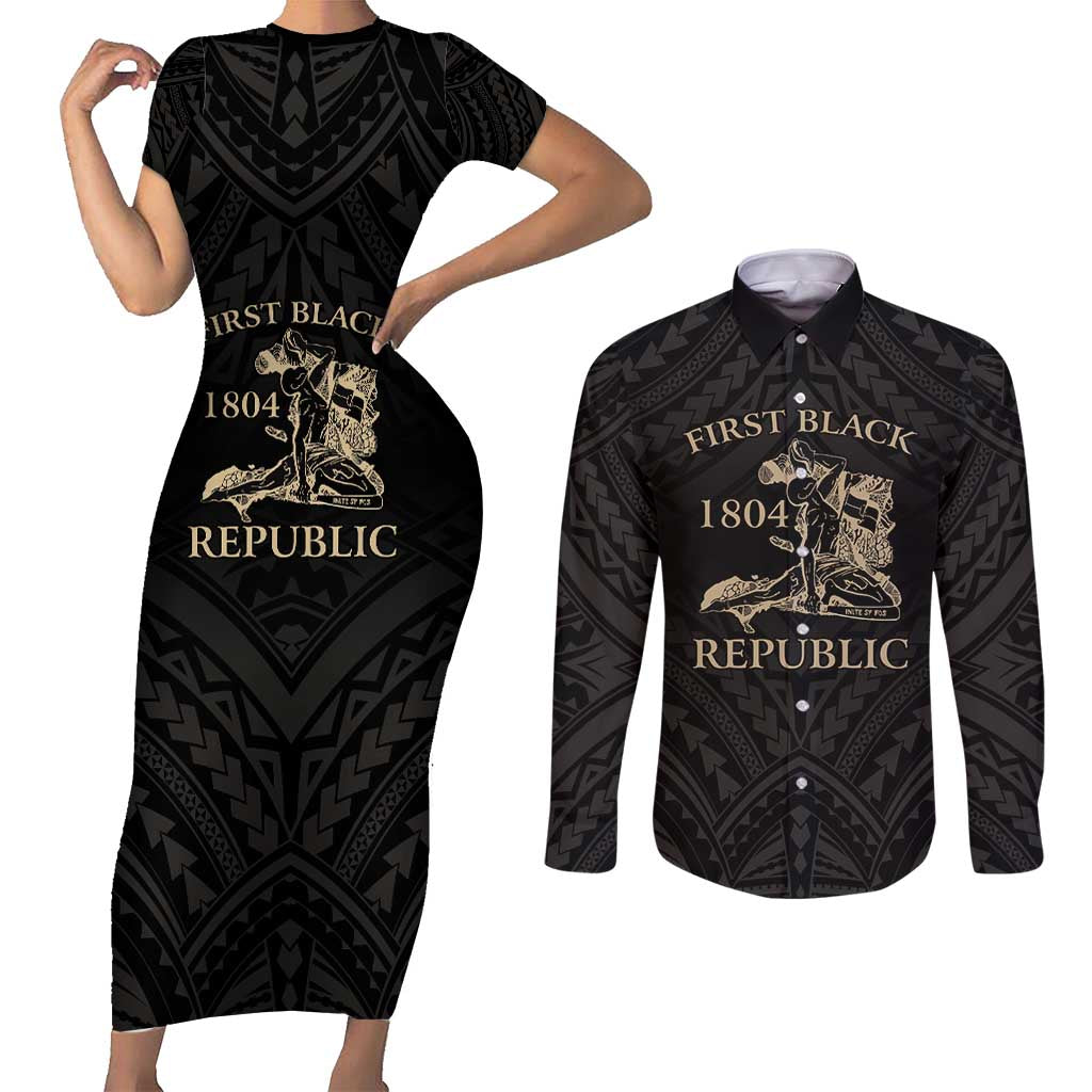 Personalized Haiti First Black Republic Couples Matching Short Sleeve Bodycon Dress and Long Sleeve Button Shirt Negre Marron With Map And Flag