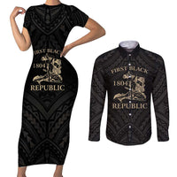 Personalized Haiti First Black Republic Couples Matching Short Sleeve Bodycon Dress and Long Sleeve Button Shirt Negre Marron With Map And Flag