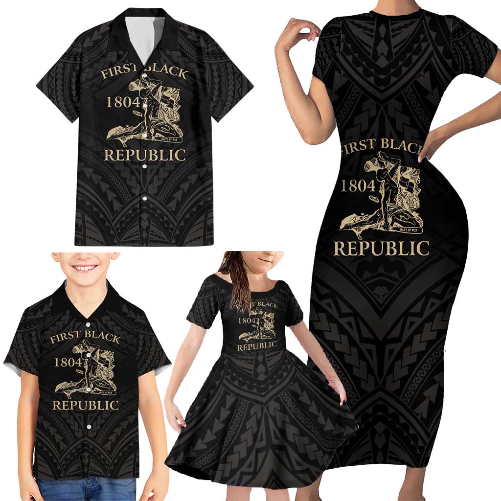 Personalized Haiti First Black Republic Family Matching Short Sleeve Bodycon Dress and Hawaiian Shirt Negre Marron With Map And Flag