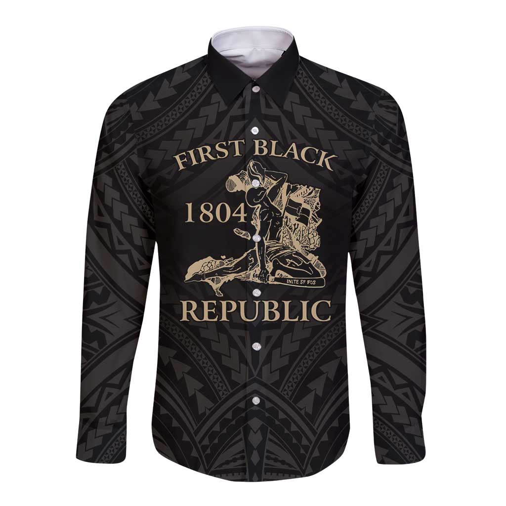 Personalized Haiti First Black Republic Long Sleeve Button Shirt Negre Marron With Map And Flag