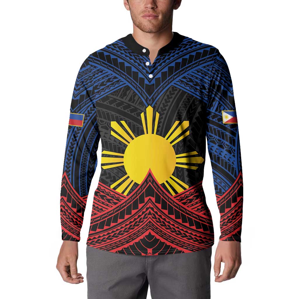 Personalized Philippines Button Sweatshirt Polynesian Tribal Tattoo with Filipino Flag Motif