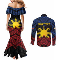 Personalized Philippines Couples Matching Mermaid Dress and Long Sleeve Button Shirt Polynesian Tribal Tattoo with Filipino Flag Motif
