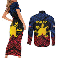 Personalized Philippines Couples Matching Short Sleeve Bodycon Dress and Long Sleeve Button Shirt Polynesian Tribal Tattoo with Filipino Flag Motif
