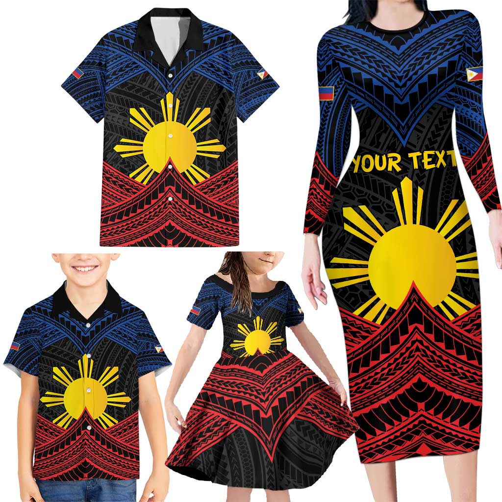 Personalized Philippines Family Matching Long Sleeve Bodycon Dress and Hawaiian Shirt Polynesian Tribal Tattoo with Filipino Flag Motif