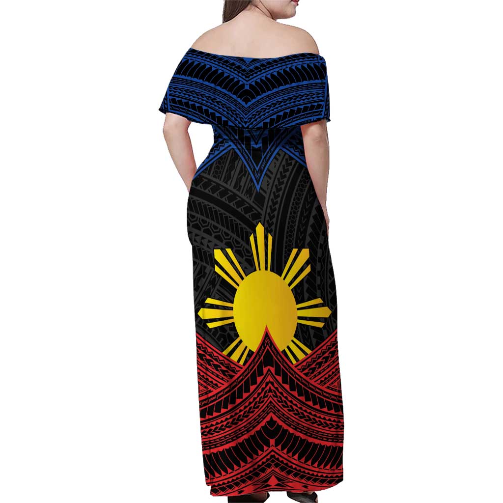 Personalized Philippines Family Matching Off Shoulder Maxi Dress and Hawaiian Shirt Polynesian Tribal Tattoo with Filipino Flag Motif