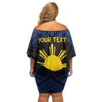 Personalized Philippines Family Matching Off Shoulder Short Dress and Hawaiian Shirt Polynesian Tribal Tattoo with Filipino Flag Motif