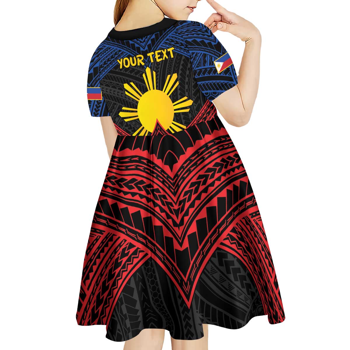 Personalized Philippines Kid Short Sleeve Dress Polynesian Tribal Tattoo with Filipino Flag Motif