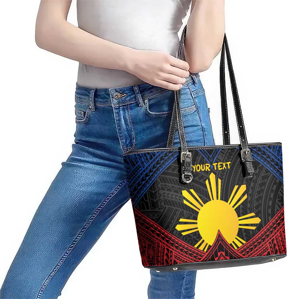 Personalized Philippines Leather Tote Bag Polynesian Tribal Tattoo with Filipino Flag Motif