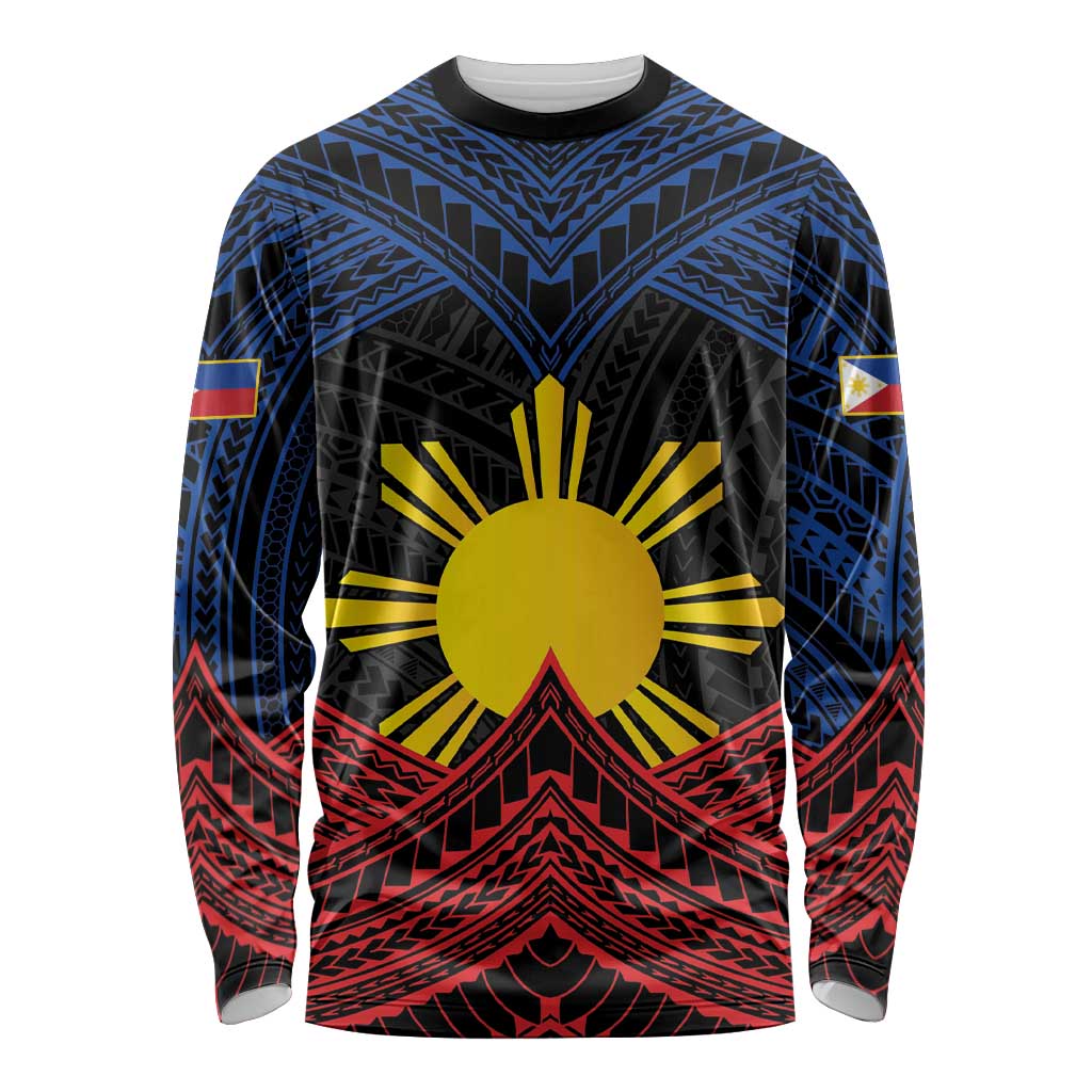 Personalized Philippines Long Sleeve Shirt Polynesian Tribal Tattoo with Filipino Flag Motif
