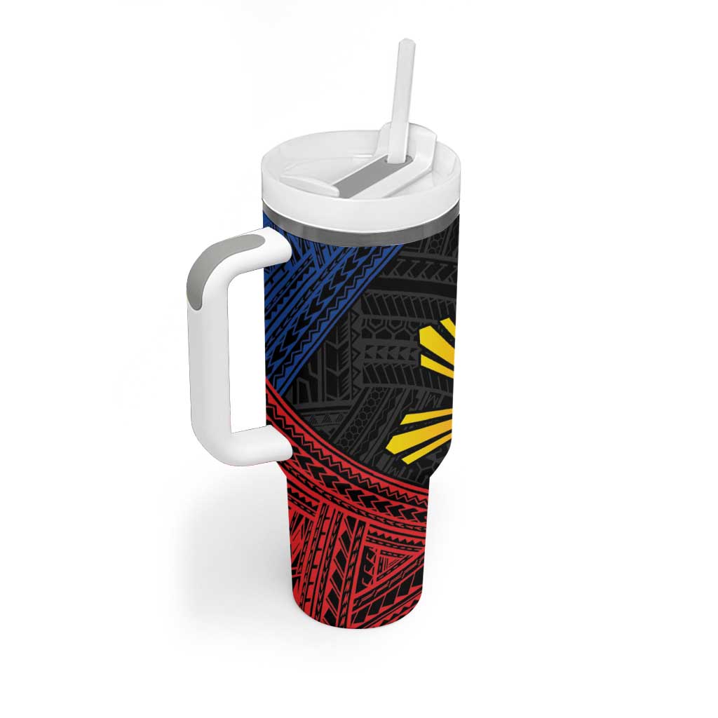Personalized Philippines Tumbler With Handle Polynesian Tribal Tattoo with Filipino Flag Motif