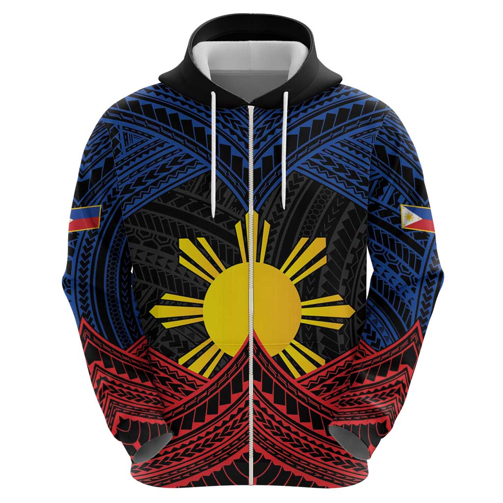 Personalized Philippines Zip Hoodie Polynesian Tribal Tattoo with Filipino Flag Motif