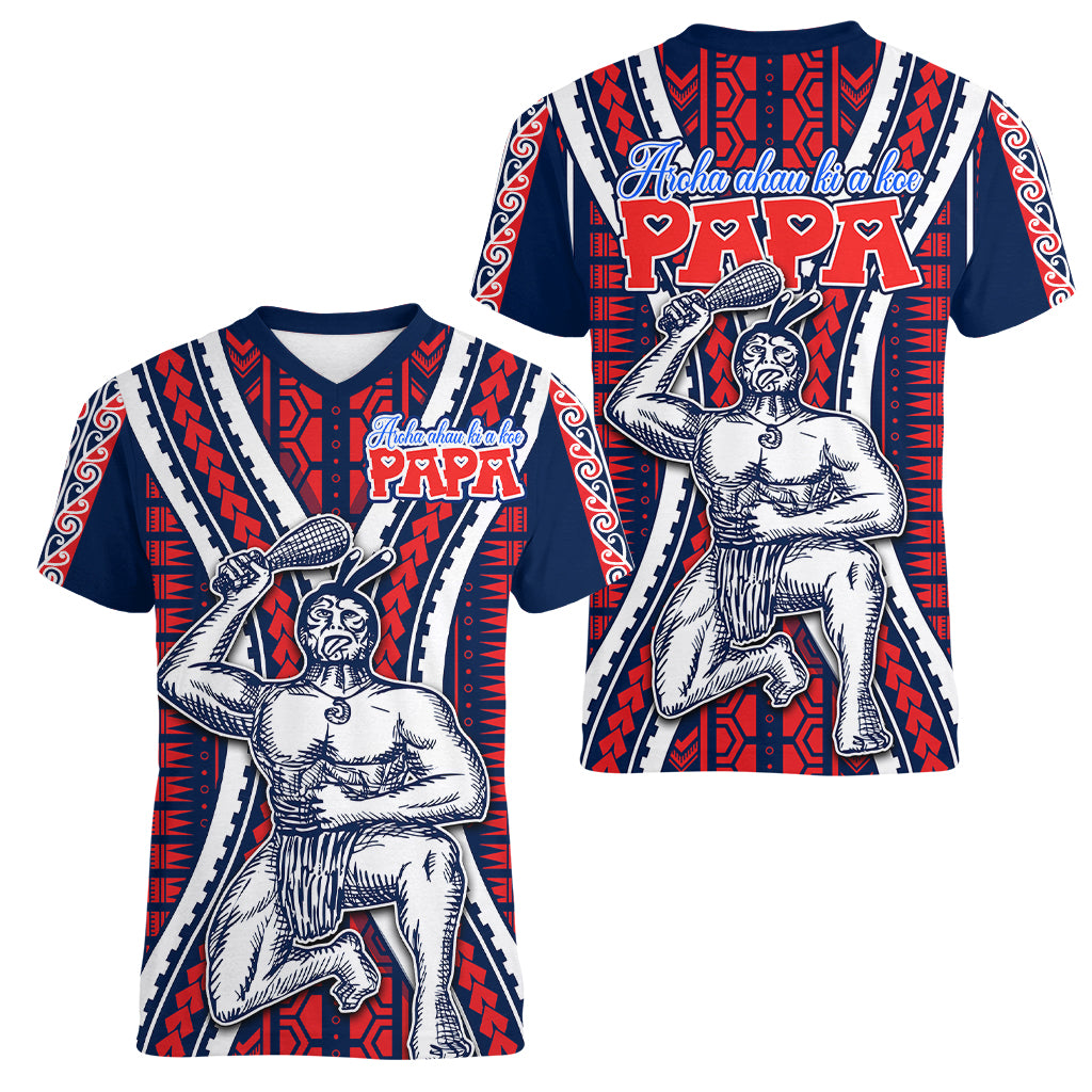 Aotearoa Father's Day Gift For Dad Women V Neck T Shirt Aroha Ahau Ki A Koe Papa - Maori Style Pattern - Wonder Print Shop