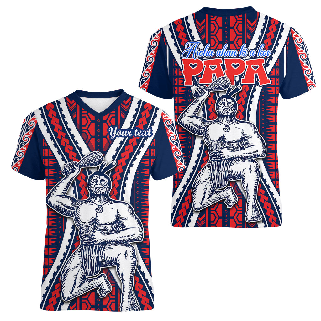 Personalised Aotearoa Father's Day Gift For Dad Women V Neck T Shirt Aroha Ahau Ki A Koe Papa - Maori Style Pattern - Wonder Print Shop