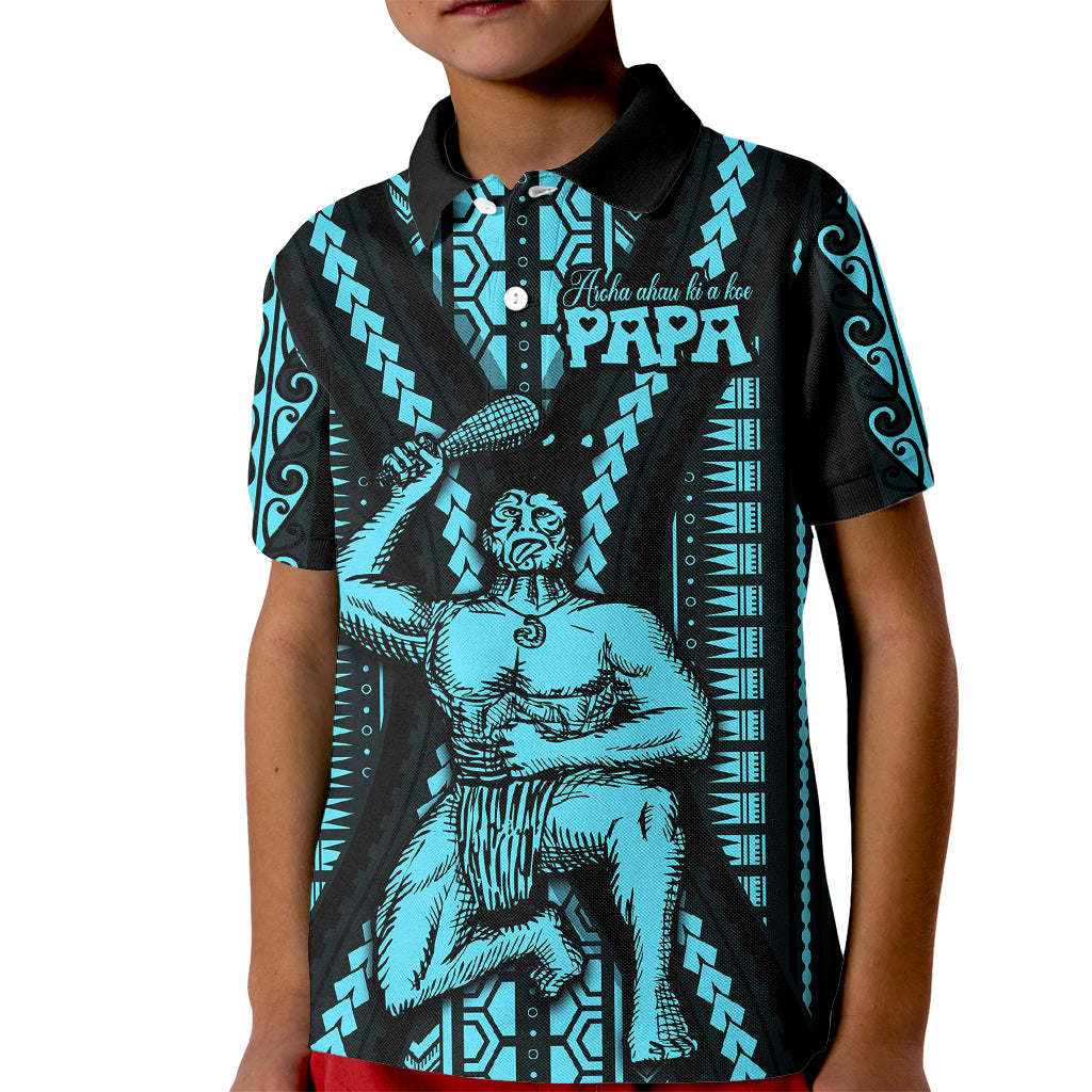 Aotearoa Father's Day Gift For Dad Kid Polo Shirt Aroha Ahau Ki A Koe Papa - Aqua Maori Style Pattern - Wonder Print Shop