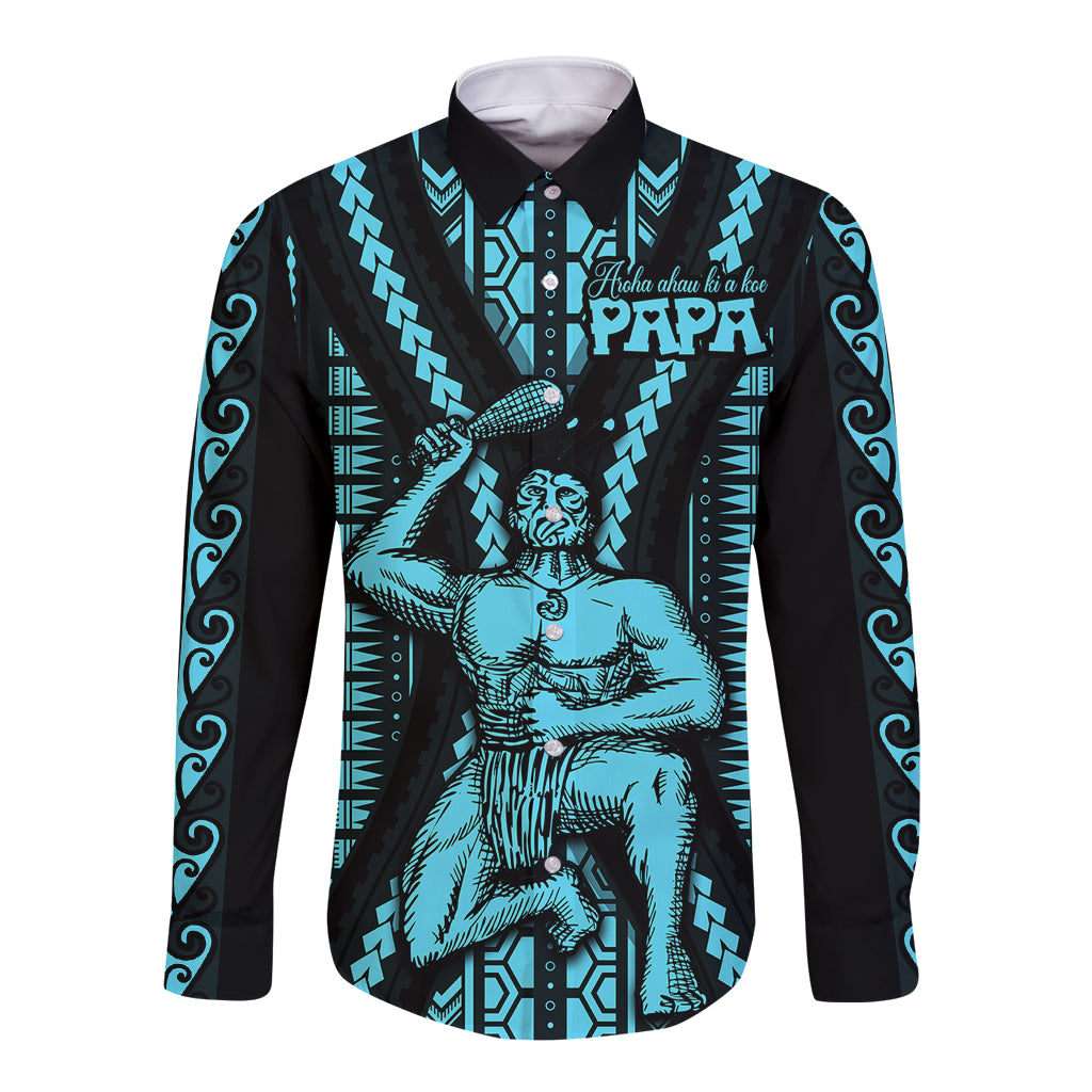 Aotearoa Father's Day Gift For Dad Long Sleeve Button Shirt Aroha Ahau Ki A Koe Papa - Aqua Maori Style Pattern - Wonder Print Shop