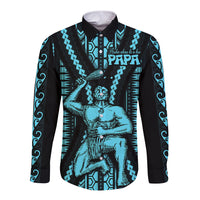 Aotearoa Father's Day Gift For Dad Long Sleeve Button Shirt Aroha Ahau Ki A Koe Papa - Aqua Maori Style Pattern - Wonder Print Shop