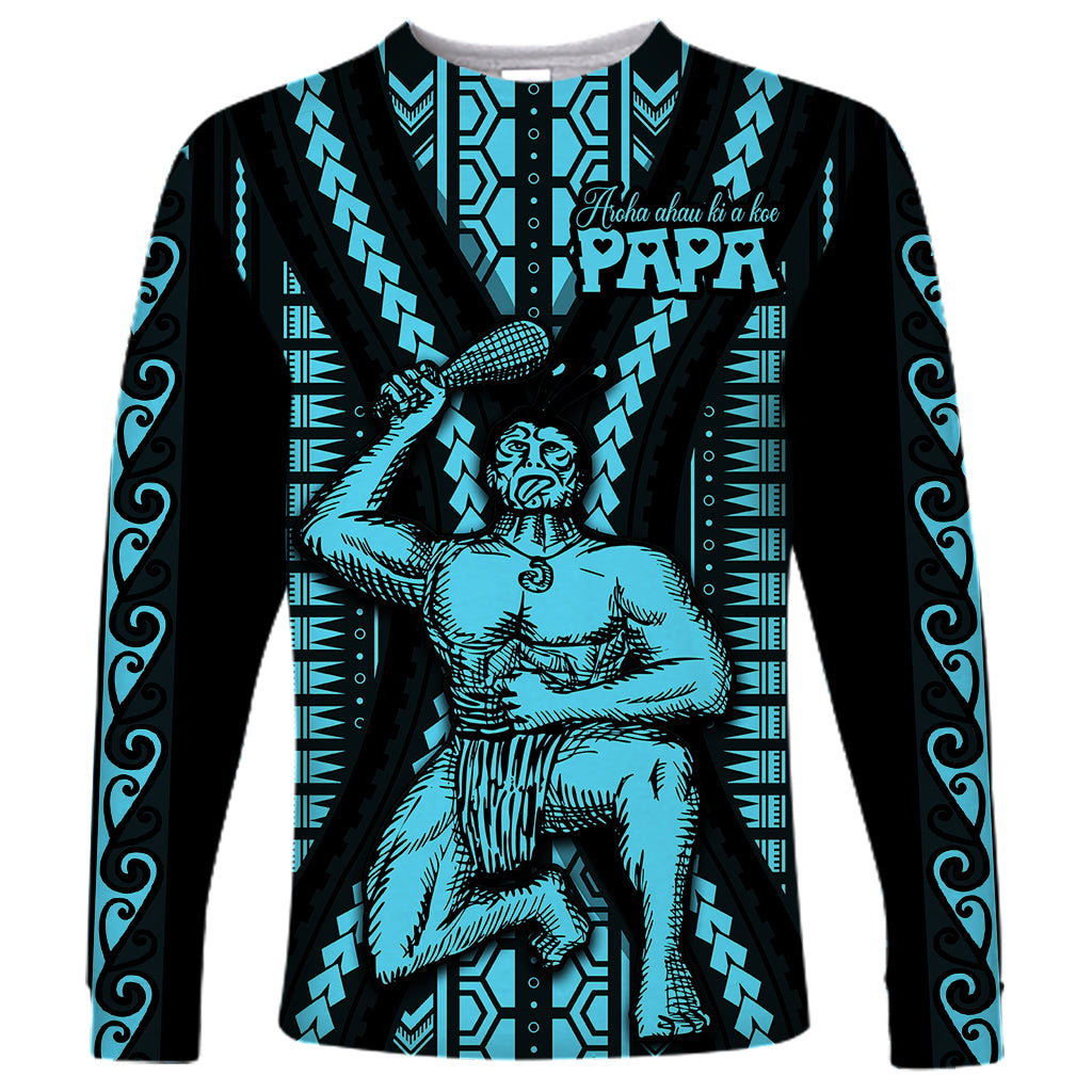 Aotearoa Father's Day Gift For Dad Long Sleeve Shirt Aroha Ahau Ki A Koe Papa - Aqua Maori Style Pattern - Wonder Print Shop