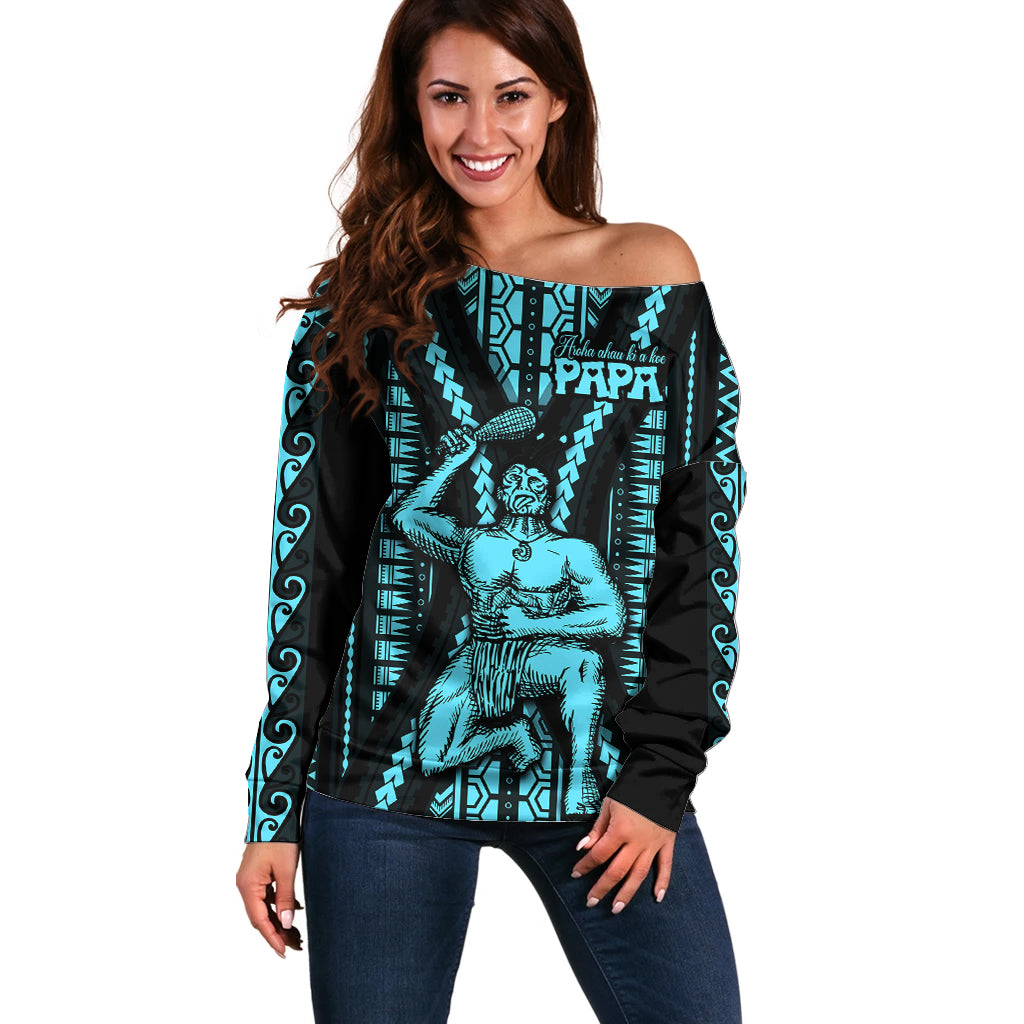 Aotearoa Father's Day Gift For Dad Off Shoulder Sweater Aroha Ahau Ki A Koe Papa - Aqua Maori Style Pattern - Wonder Print Shop