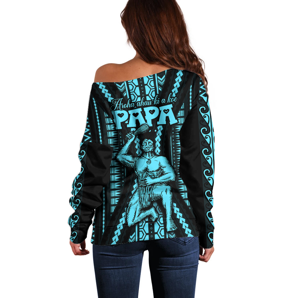 Aotearoa Father's Day Gift For Dad Off Shoulder Sweater Aroha Ahau Ki A Koe Papa - Aqua Maori Style Pattern - Wonder Print Shop