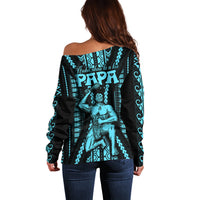Aotearoa Father's Day Gift For Dad Off Shoulder Sweater Aroha Ahau Ki A Koe Papa - Aqua Maori Style Pattern - Wonder Print Shop