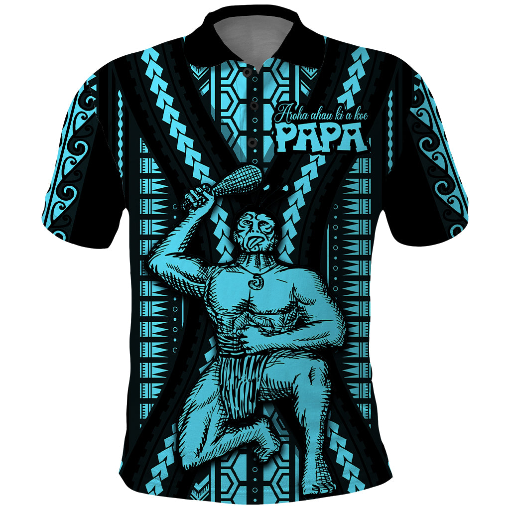 Aotearoa Father's Day Gift For Dad Polo Shirt Aroha Ahau Ki A Koe Papa - Aqua Maori Style Pattern - Wonder Print Shop