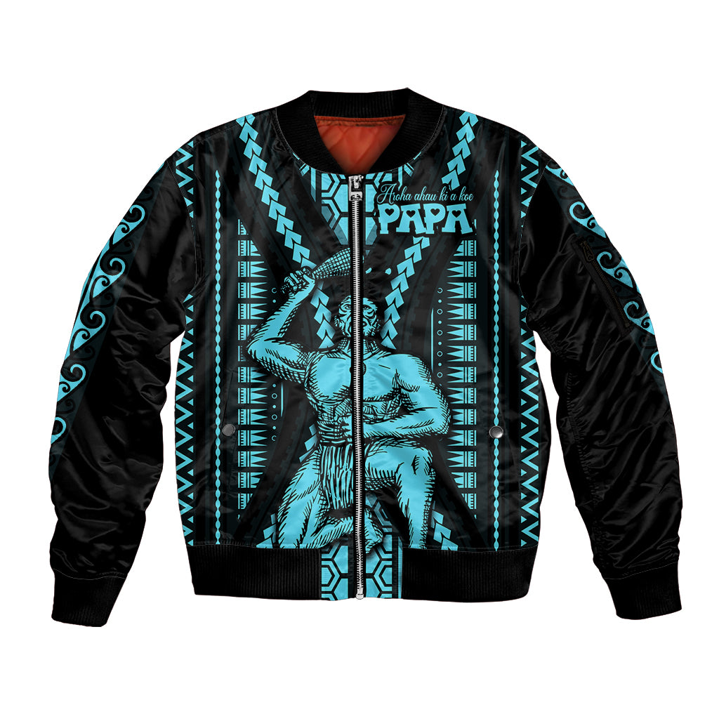Aotearoa Father's Day Gift For Dad Sleeve Zip Bomber Jacket Aroha Ahau Ki A Koe Papa - Aqua Maori Style Pattern - Wonder Print Shop