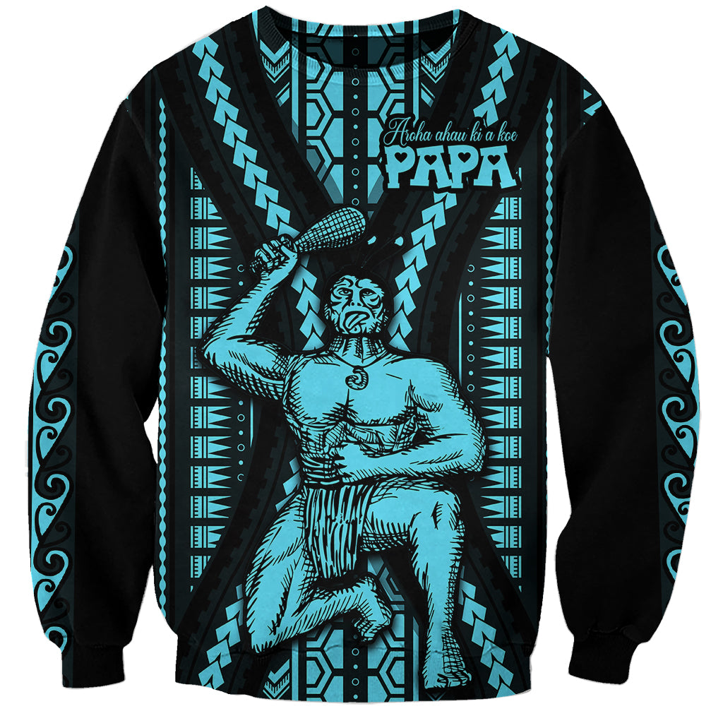 Aotearoa Father's Day Gift For Dad Sweatshirt Aroha Ahau Ki A Koe Papa - Aqua Maori Style Pattern - Wonder Print Shop