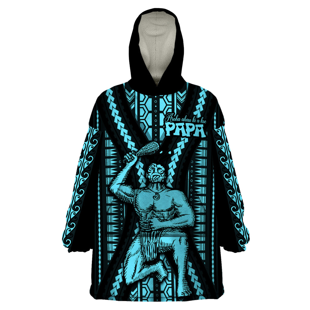 Aotearoa Father's Day Gift For Dad Wearable Blanket Hoodie Aroha Ahau Ki A Koe Papa - Aqua Maori Style Pattern - Wonder Print Shop