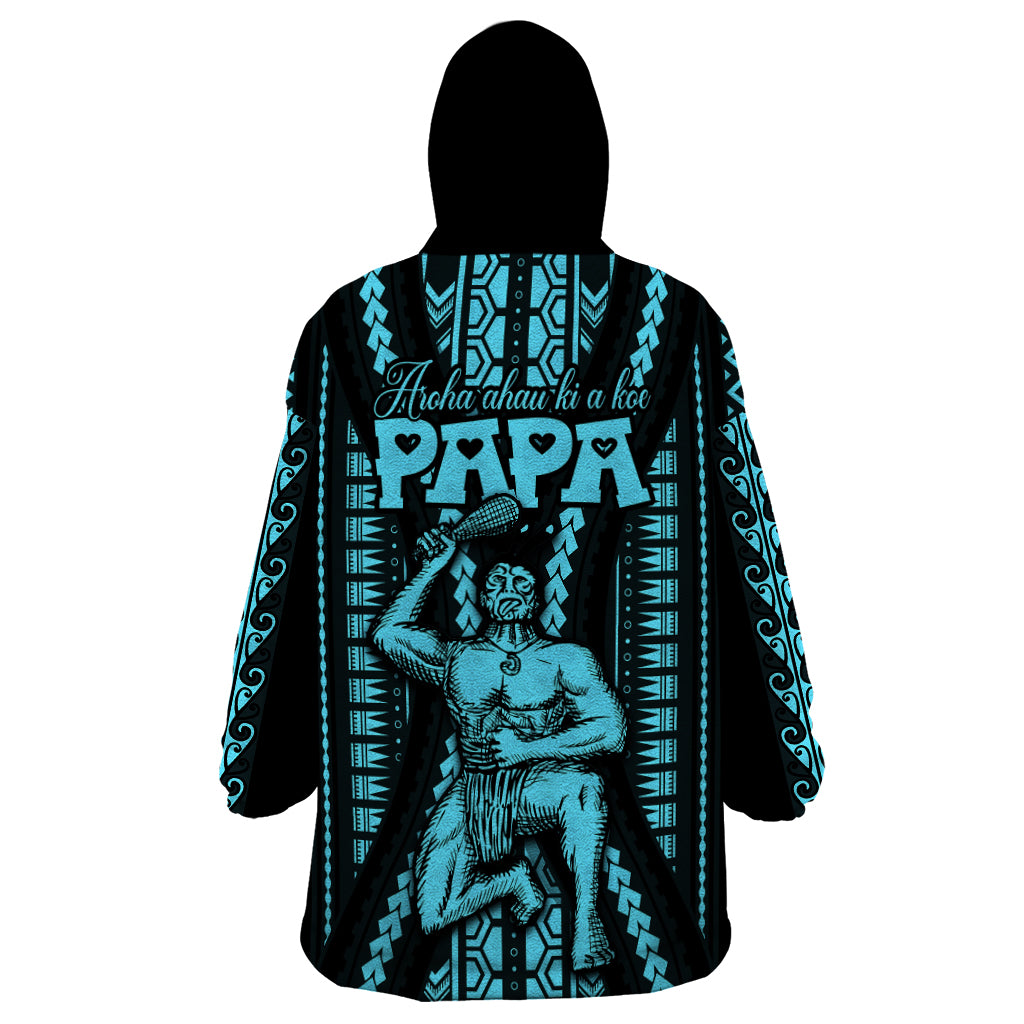 Aotearoa Father's Day Gift For Dad Wearable Blanket Hoodie Aroha Ahau Ki A Koe Papa - Aqua Maori Style Pattern - Wonder Print Shop
