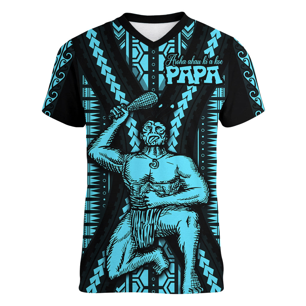 Aotearoa Father's Day Gift For Dad Women V Neck T Shirt Aroha Ahau Ki A Koe Papa - Aqua Maori Style Pattern - Wonder Print Shop