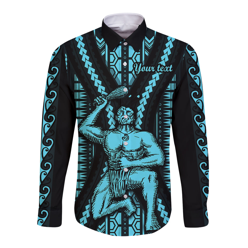 Personalised Aotearoa Father's Day Gift For Dad Long Sleeve Button Shirt Aroha Ahau Ki A Koe Papa - Aqua Maori Style Pattern - Wonder Print Shop
