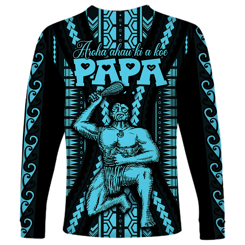 Personalised Aotearoa Father's Day Gift For Dad Long Sleeve Shirt Aroha Ahau Ki A Koe Papa - Aqua Maori Style Pattern - Wonder Print Shop
