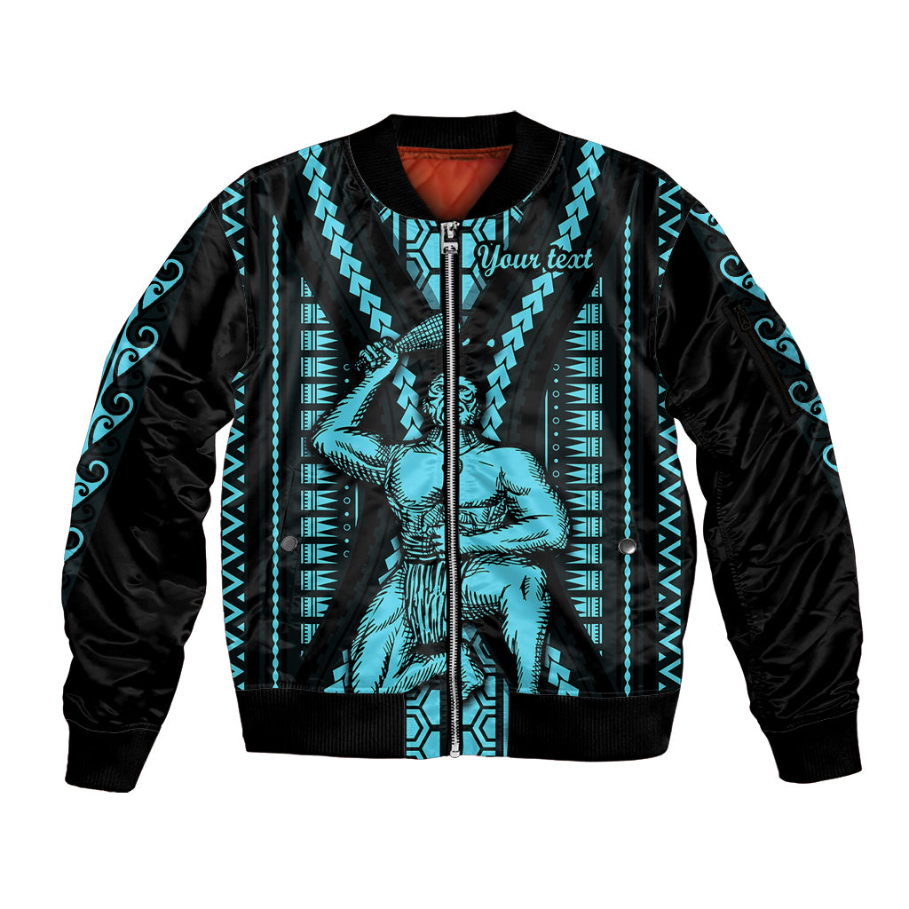 Personalised Aotearoa Father's Day Gift For Dad Sleeve Zip Bomber Jacket Aroha Ahau Ki A Koe Papa - Aqua Maori Style Pattern - Wonder Print Shop