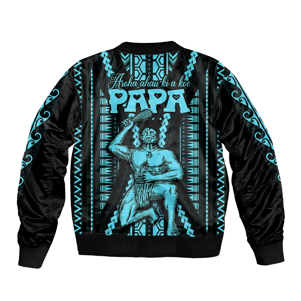 Personalised Aotearoa Father's Day Gift For Dad Sleeve Zip Bomber Jacket Aroha Ahau Ki A Koe Papa - Aqua Maori Style Pattern - Wonder Print Shop