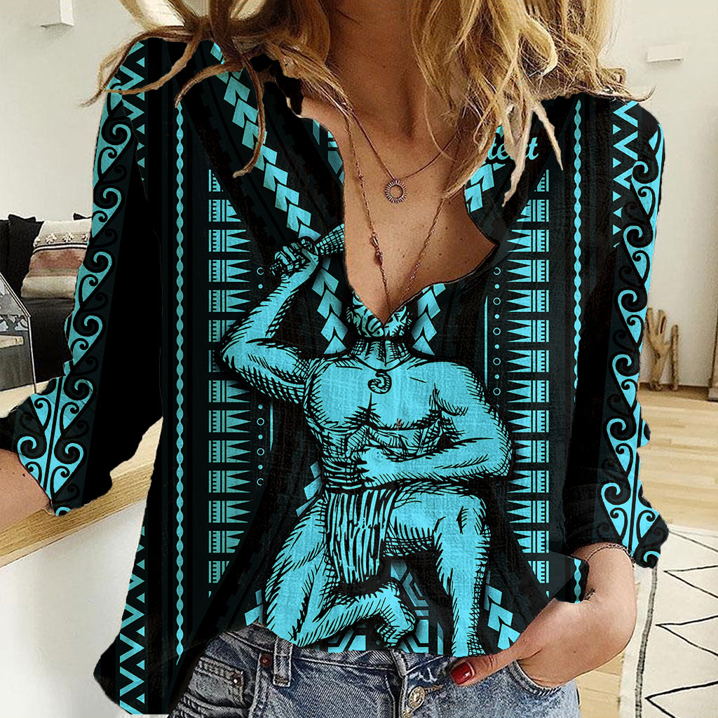 Personalised Aotearoa Father's Day Gift For Dad Women Casual Shirt Aroha Ahau Ki A Koe Papa - Aqua Maori Style Pattern - Wonder Print Shop