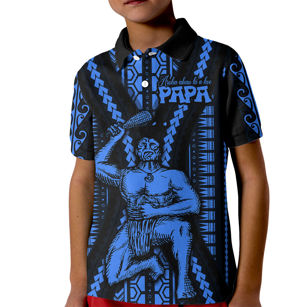 Aotearoa Father's Day Gift For Dad Kid Polo Shirt Aroha Ahau Ki A Koe Papa - Blue Maori Style Pattern - Wonder Print Shop