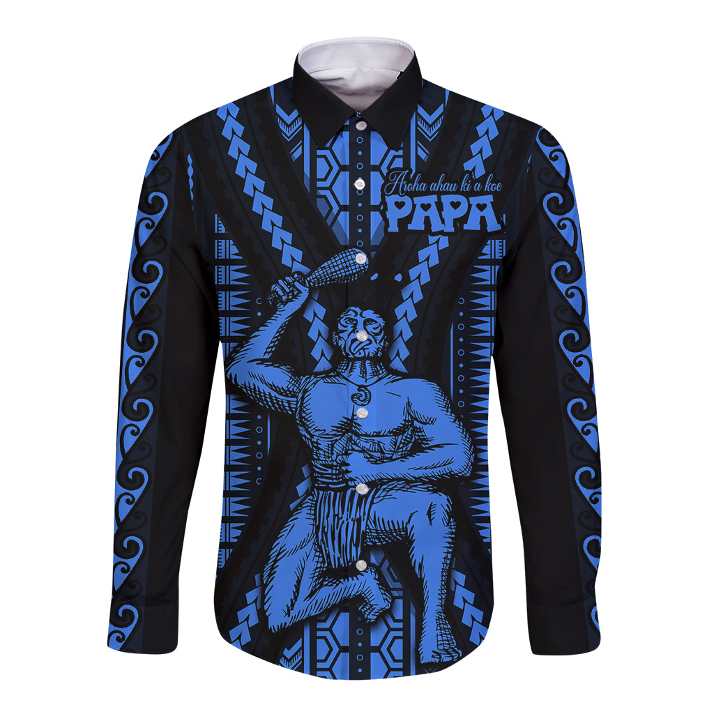 Aotearoa Father's Day Gift For Dad Long Sleeve Button Shirt Aroha Ahau Ki A Koe Papa - Blue Maori Style Pattern - Wonder Print Shop