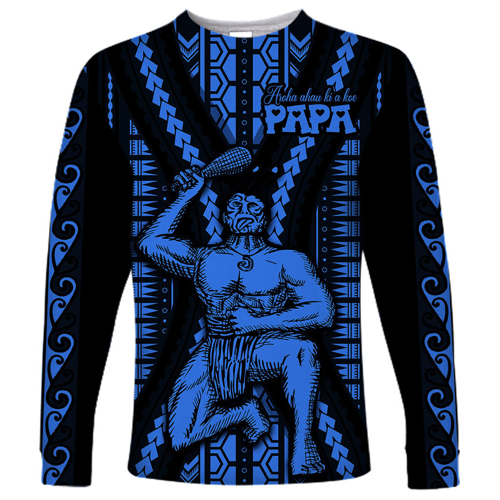 Aotearoa Father's Day Gift For Dad Long Sleeve Shirt Aroha Ahau Ki A Koe Papa - Blue Maori Style Pattern - Wonder Print Shop