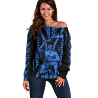 Aotearoa Father's Day Gift For Dad Off Shoulder Sweater Aroha Ahau Ki A Koe Papa - Blue Maori Style Pattern - Wonder Print Shop