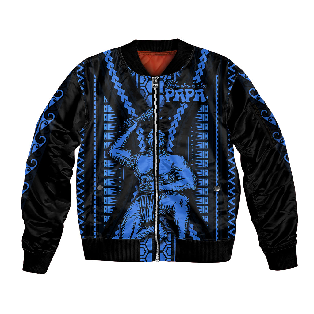 Aotearoa Father's Day Gift For Dad Sleeve Zip Bomber Jacket Aroha Ahau Ki A Koe Papa - Blue Maori Style Pattern - Wonder Print Shop