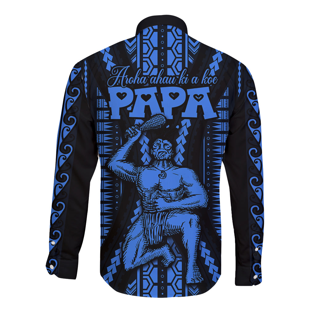 Personalised Aotearoa Father's Day Gift For Dad Long Sleeve Button Shirt Aroha Ahau Ki A Koe Papa - Blue Maori Style Pattern - Wonder Print Shop
