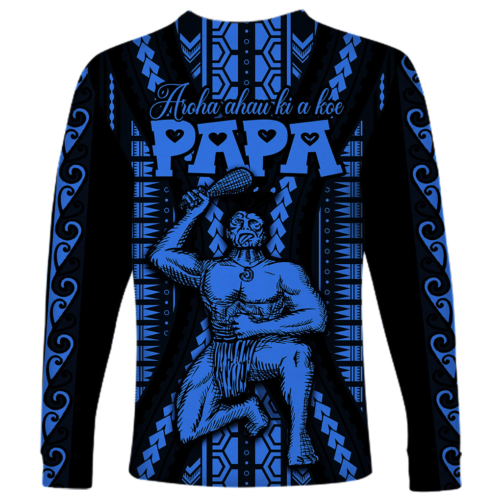 Personalised Aotearoa Father's Day Gift For Dad Long Sleeve Shirt Aroha Ahau Ki A Koe Papa - Blue Maori Style Pattern - Wonder Print Shop