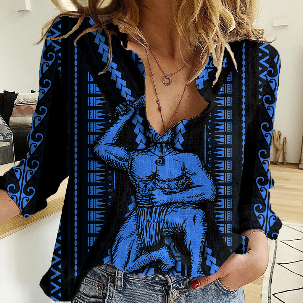 Personalised Aotearoa Father's Day Gift For Dad Women Casual Shirt Aroha Ahau Ki A Koe Papa - Blue Maori Style Pattern - Wonder Print Shop