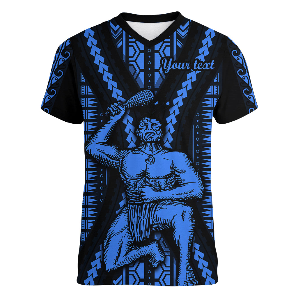 Personalised Aotearoa Father's Day Gift For Dad Women V Neck T Shirt Aroha Ahau Ki A Koe Papa - Blue Maori Style Pattern - Wonder Print Shop