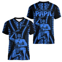 Personalised Aotearoa Father's Day Gift For Dad Women V Neck T Shirt Aroha Ahau Ki A Koe Papa - Blue Maori Style Pattern - Wonder Print Shop