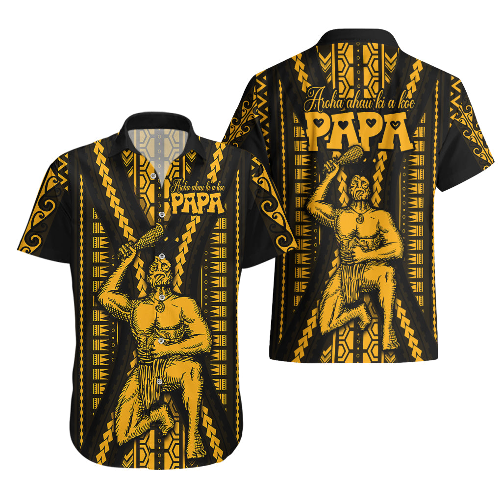 Aotearoa Father's Day Gift For Dad Hawaiian Shirt Aroha Ahau Ki A Koe Papa - Gold Maori Style Pattern - Wonder Print Shop