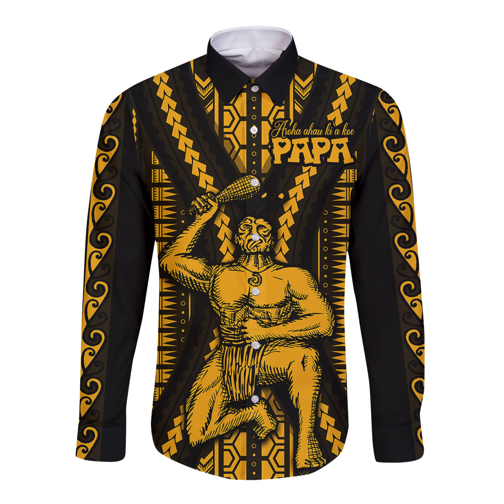 Aotearoa Father's Day Gift For Dad Long Sleeve Button Shirt Aroha Ahau Ki A Koe Papa - Gold Maori Style Pattern - Wonder Print Shop